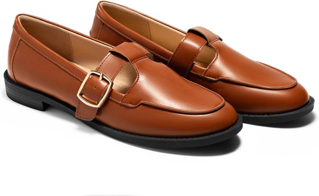 Coutgo Womens Slip On Loafers T-Strap Closed Round Toe Flats Comfortable Work Business Dress Shoes (Brown)