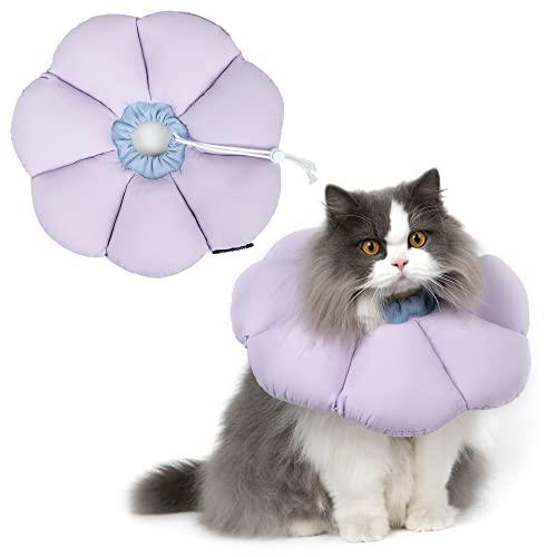 Cat Cone Collar, Cute Waterproof Cat Recovery Collar, Anti-Bite Lick Wound Healing Safety Elizabethan e Collar for Cats, Purple Flower All-Season Style