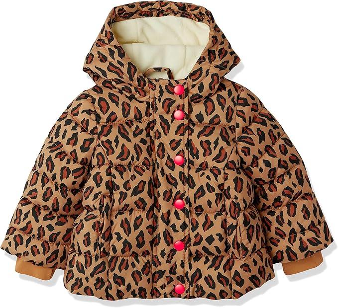 Amazon Essentials Girls and Toddlers' Heavyweight Hooded Puffer Coat, Water-Resistant, 12 Months, Camel Cheetah Print