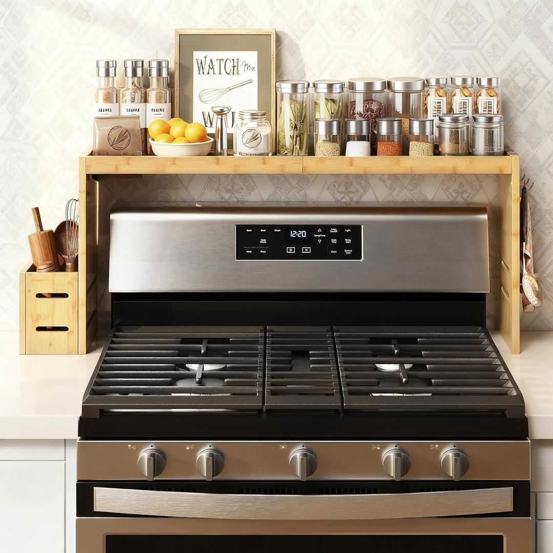 BSTSLL Bamboo Over the Stove Shelf 31in - Durable Stove Shelf for Back of Stove with Non-Slip EVA Liner, 6 Hooks & Utensil Holder, Spice Rack for Standard Stoves (Yellow)