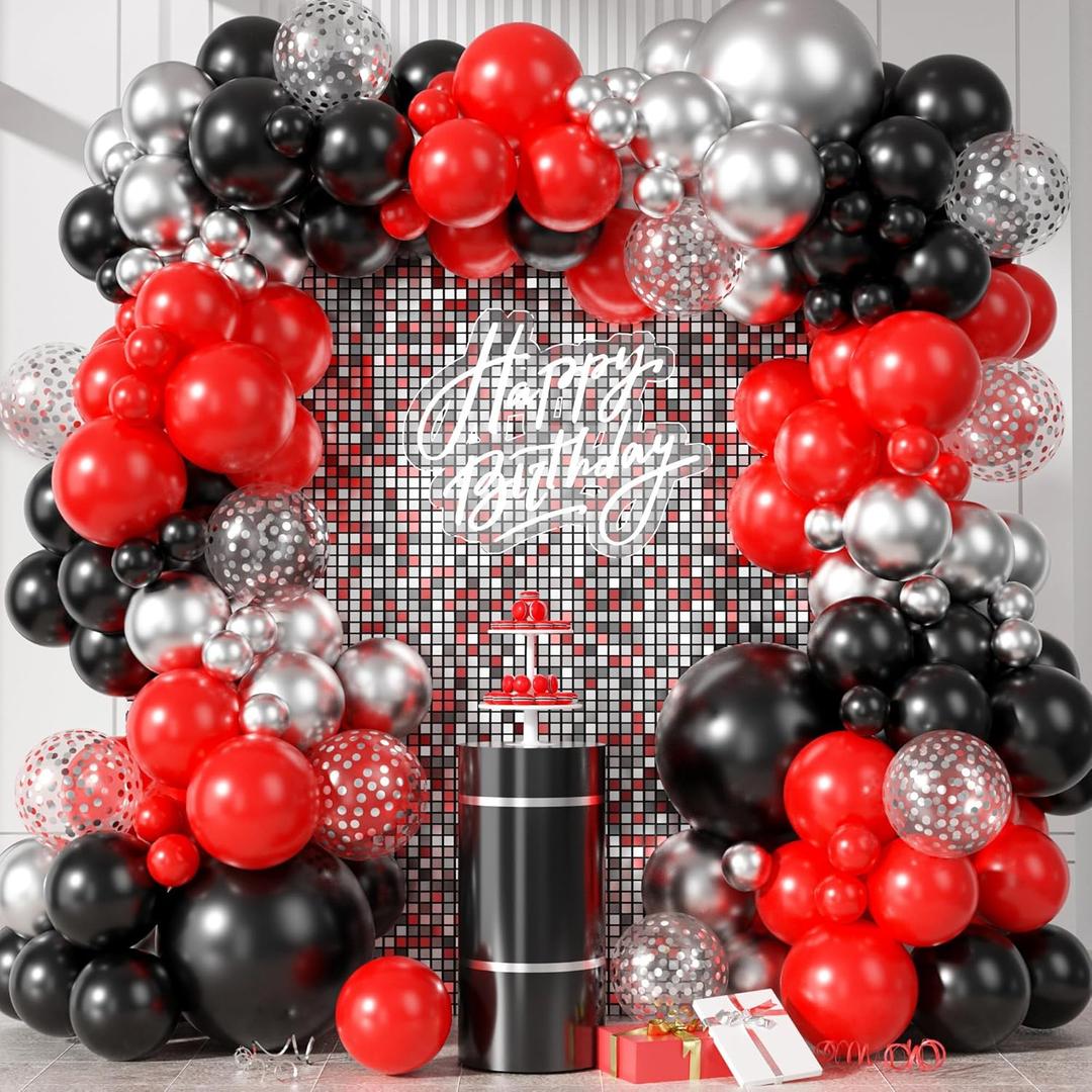 Red and Black Silver Balloon Arch Garland kit, 18/12/10/5 inch Red and Black Metal Silver Latex Balloon Set with Confetti Balloons for Graduation Baby Shower Wedding Birthday Anniversary Bachelorette