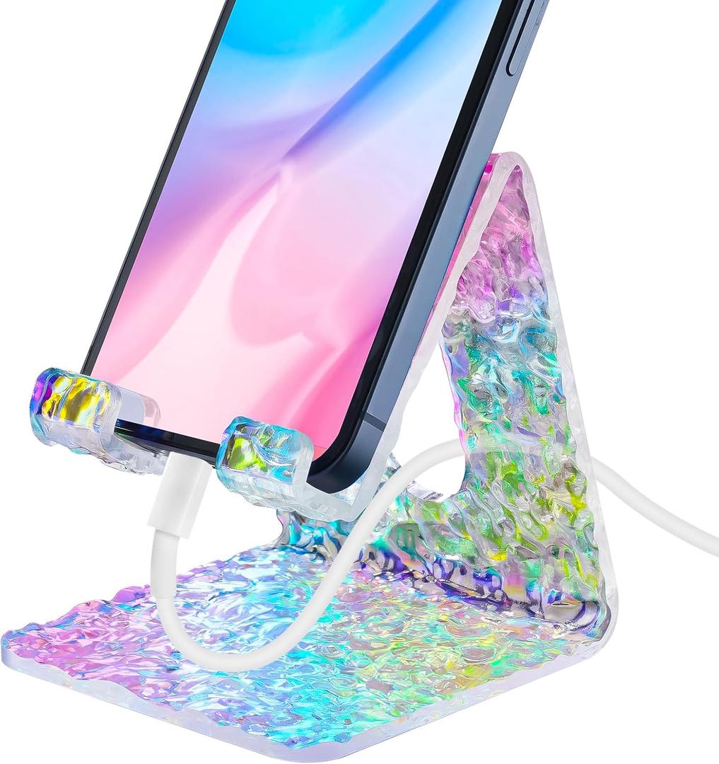 Tomorotec Acrylic Cell Phone Stand, Portable Phone Holder for Desk Non-Slip Desktop 4-8’’ Smartphones Holder Compatible with iPhone Samsung Galaxy Pixel Phone Cradle Dock Home Office (Iridescent Wave)