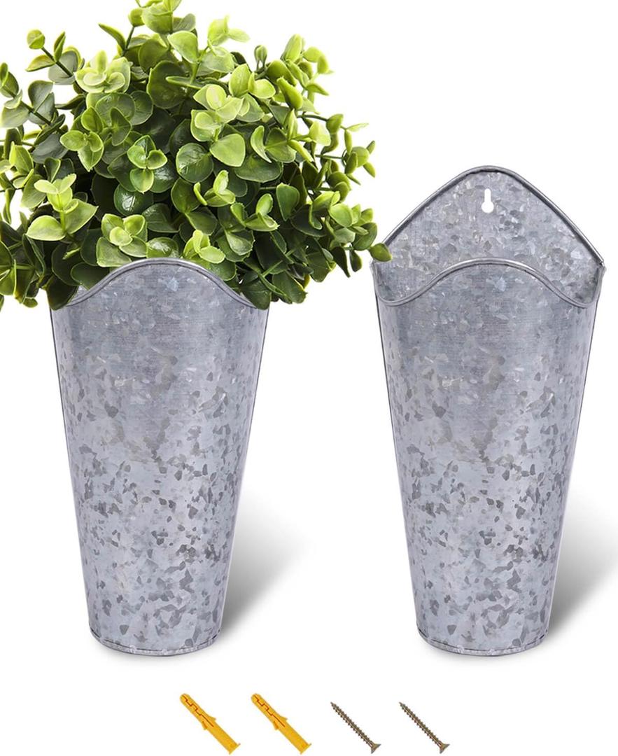 Vensovo 12 Inches Galvanized Wall Planters - 2 Packs Metal Tin Vases for Flowers Indoors, Farmhouse Hanging Planter Tall Flower Holder for Country Decor Outdoors, Silver