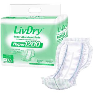 LivDry High Absorbency Pad Insert for Incontinence Briefs and Adult Diapers, Women and Men, Hyper 1200 (30 Count)