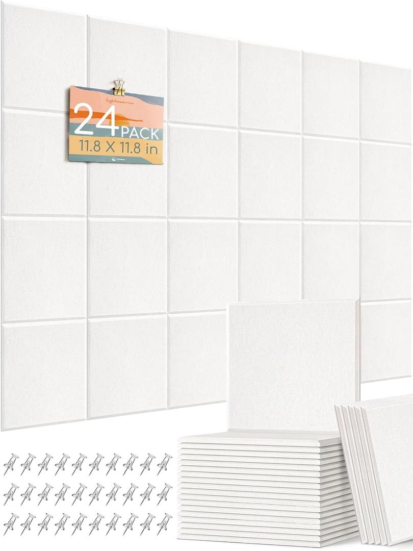 Lightomorrow 0.47" Thick Felt Pin Board Tiles, 24 Pack 11.8 x 11.8 in Bulletin Board Wall Decor, Cork Board Alternative with Adhesive & 60 Push Pins for Home Office Classroom, White