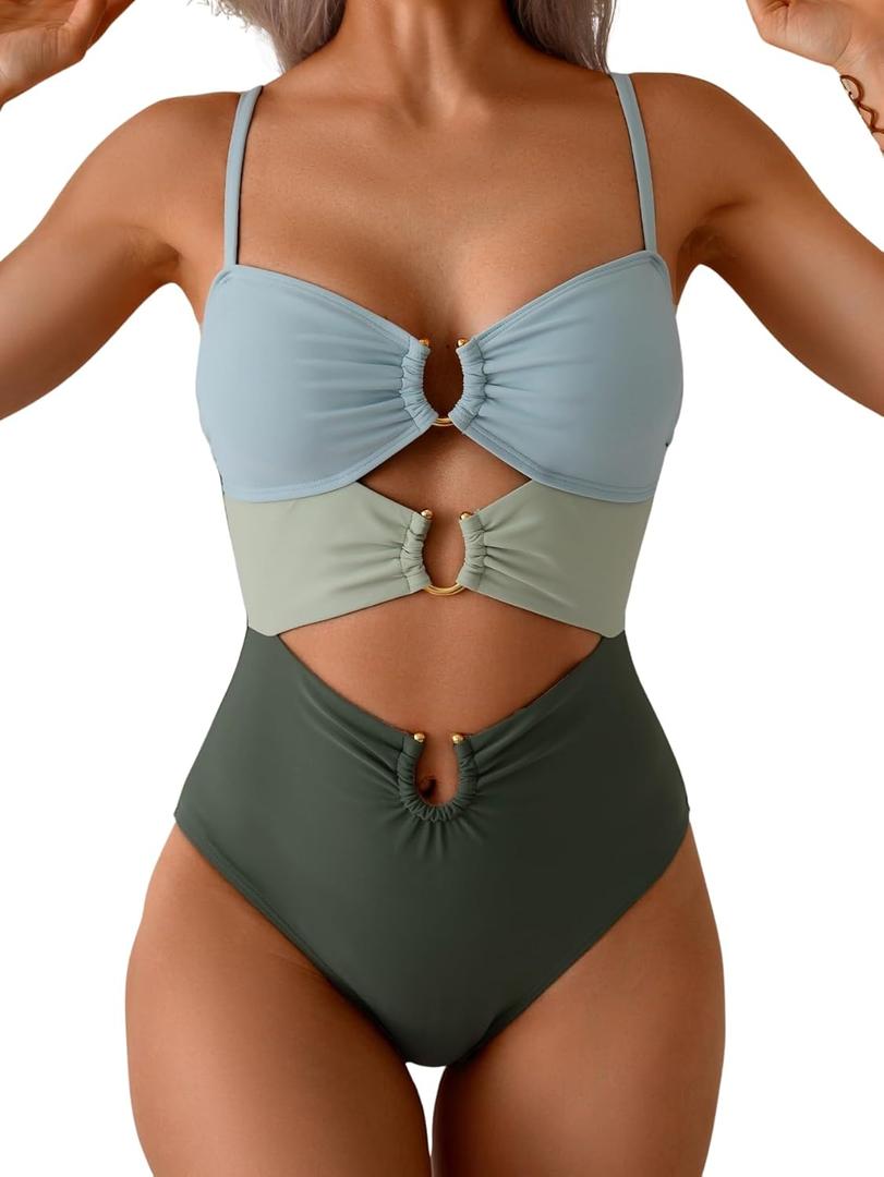 Eomenie One Piece Swimsuit for Women Ring Linked Monokini Sexy Bathing Suit Cutout Swim Suit (Medium, Green Color Block)