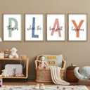 This Is Where The Fun Stuff Happens Kids Playroom Wall Art 24x16 Inch Set Of 4 Rustic Kids Wood Framed Boy Sign Toddler Modren Nursery Interesting Let's Play Prints Wall Hang Decor (Wood)