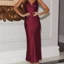 Womens Elegant Satin V Neck Backless Sleeveless Maxi Dress Silk Tie Low Back Formal Cocktail Dresses Wedding Guest (Red, M)