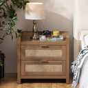 SICOTAS Rattan Nightstand End Table - Night Stand Bedside Table with Type-C Charging Station,2 Drawers Storage - Boho Night Stands for Bedroom - Natural Oak