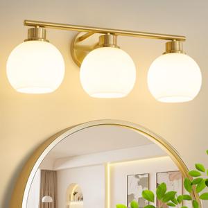 Bathroom Vanity Light Fixtures 3-Lights Bathroom Lighting Fixtures Over Mirror with Milk White Glass Shade 21.65 inch Brass Gold Vanity Light Mid Century Wall Sconce Lighting