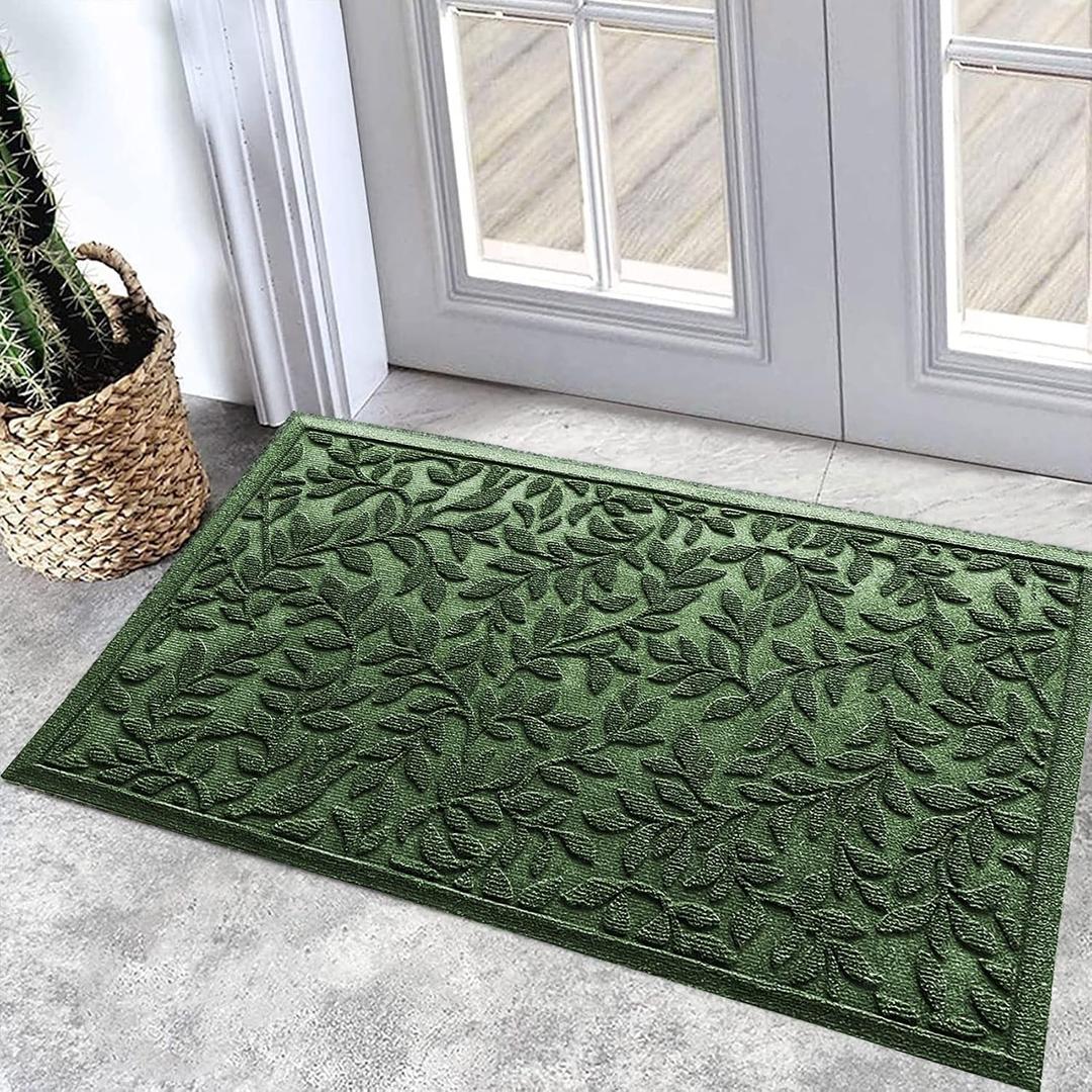 Bulijojo Sturdy Frontr Entrance Doormats,Durable Heavy Duty Welcome Mat,Thick Absorbent Natural Rubber Non Slip Mat,Easy Clean Entryway Mat Leaves Green 23"x35", 1'11" x 2'11"