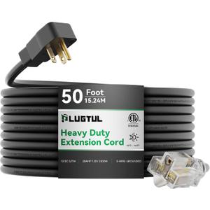 PLUGTUL 20AMP Extension Cord 50FT, NEMA 5-20 Heavy Duty Extension Cord, Lighted End, 12Gauge, SJTW, 20AMP 125V 2500W, Black