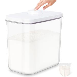 Airtight Rice Container 25 Lbs with Handle and Cup 12.68Qt Large Flour Sugar Storage Container with Pop Up Seal & Hanging Lid Hooks, Clear Tall Food Storage Bin for Kitchen Pantry Organization