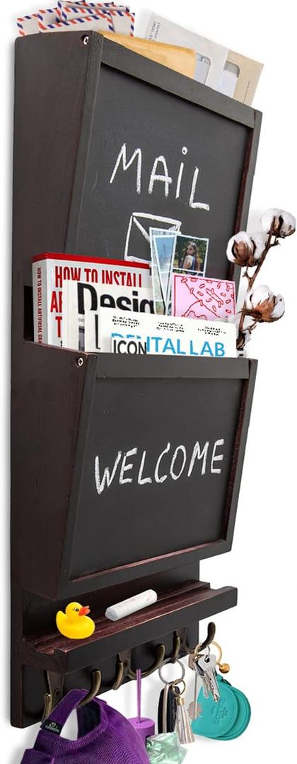 Rustic 2-Slot Mail Sorter Organizer for Wall with Chalkboard Surface & 3 Double Key Hooks - Wooden Wall Mount Mail Holder Organizer  Wall Dcor for Entryway Made of Paulownia Wood - Dark Brown