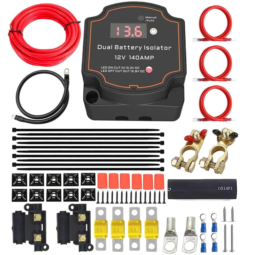 3m Dual Battery Isolator Kit 140Amp Battery Isolator 12V Kit Split Charge Relay Kit Manual/Auto Modes VSR Voltage Sensitive Relay with LED Screen Voltage Display for Truck RV ATV UTV SUV Boat