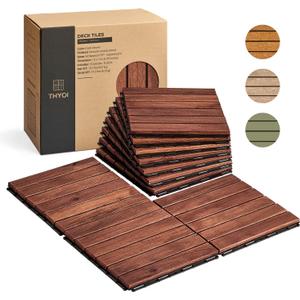 THYOI Premium Deck Tiles, Patio Flooring - Outdoor Waterproof Acacia Wood Tiles for All Weather Use - Balcony, Backyard, Indoor & Outdoor (Square Ft) (10, Dark Brown, 6S)