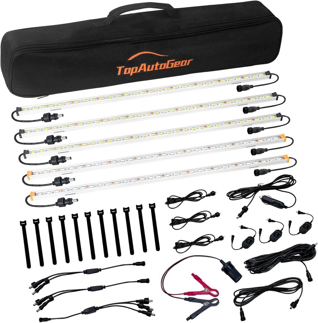 12V LED Exterior Light Bar Kit Dimmable Camping String Lights Weatherproof IP67, Magnetic Mounting, All-in-One Portable Lighting for RV, Camping Tent Car Trailer Boat, White and Amber, 5 Pcs