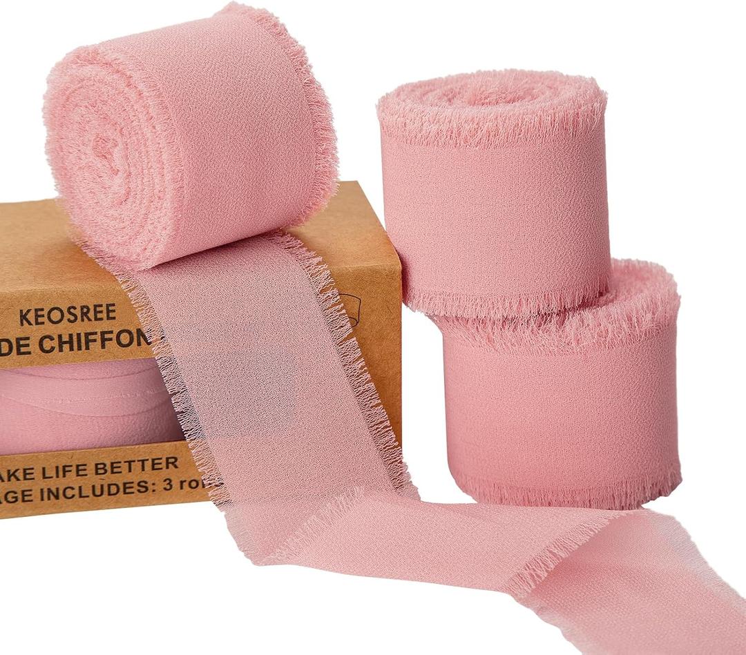KEOSREE 3 Rolls Blush Pink Handmade Chiffon Ribbon,1.5" x 21Yd Frayed Fringe Silk Ribbons (3 Rolls *7Yd) for Gifts Wrapping, Wedding Invitations, Bridal Bouquets, Decorations
