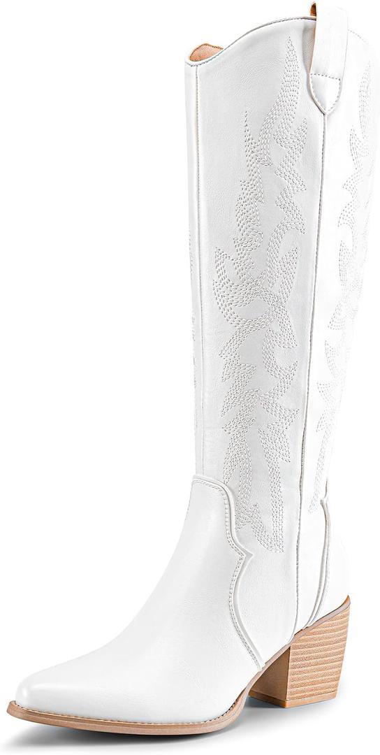 DREAM PAIRS Womens Cowboy Boots Wide Calf Comfortable Pull On Zipper Chunky Heel Pointed Toe Embroidered Western Cowgirl Knee High Boots Girls Ladies Retro Tall Boot (11, White)