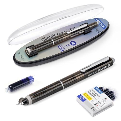 WRITECH Clictek Fountain Pen Retractable: Medium Nib Blue Ink Transparent Barrel Includes 5 Refillable Ink Cartridges, Smooth Writing No Leaking