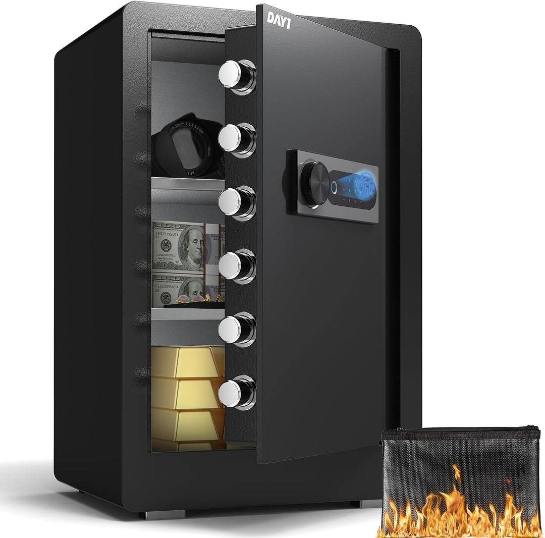 DAYI Biometric Fingerprint Safe Box, 3.0 Cubic Feet Home Safes with Fireproof Bag, Digital Touchpad Security Safe for Money Cash Documents, Dual Alarm System - DF-60 Plus