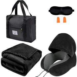 Travel Blanket Pillow Set - Travel Neck Pillow & Blanket for Airplane, Thick Fleece Plane Blanket, Hooded Memory Foam Neck Pillows, Foldable Duffel Bag, Sleep Mask, Earplugs for Plane Traveling, Black