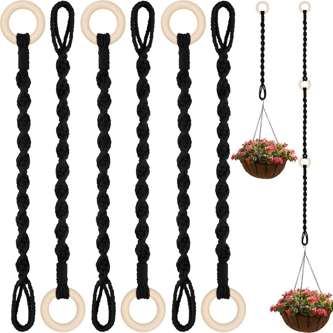 6 Pack Adjustable Macrame Plant Hanger Extender Handmade Woven Hanging Basket Extenders Connectable Rope Hanging Extension with Wooden Ring for Indoor Outdoor Plant Pot Holder(Black)