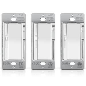 BESTTEN 3 Pack Slide Dimmer Light Switch, Quiet Rocker, Super Slim Single Pole or 3 Way Dimmable Switch, Max 300W LED, CFL, 600W Incandescent, ETL Listed, White