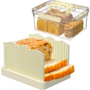 Sorgion 2-in-1 bread slicer and storage box with handle - plastic bread boxes for fresh keeping food storage containers with lids airtight for cake bunsBeige