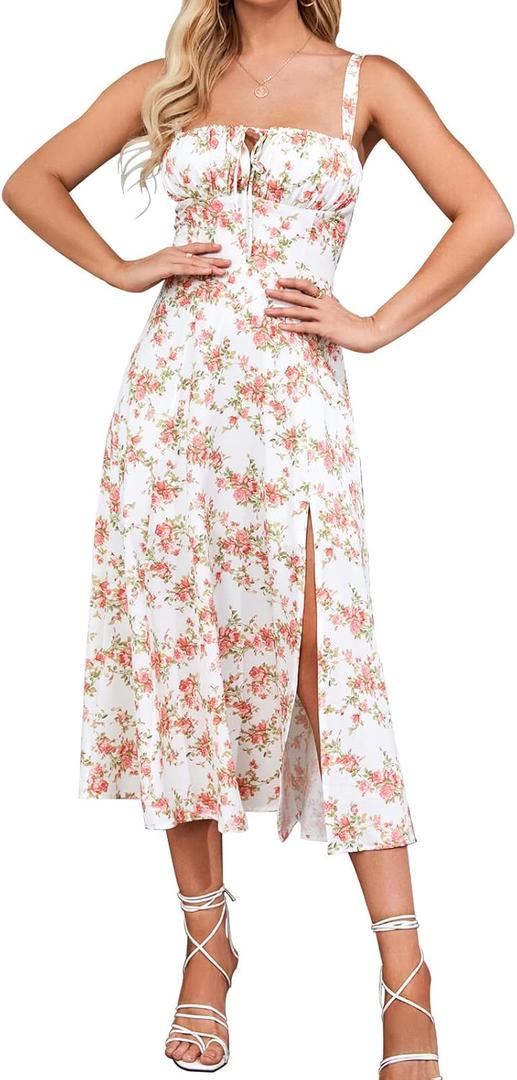 Women Summer Corset Midi Dress 2026 Floral Wedding Guest Flowy Slit Lace Up Dresses Tea Party A Line Casual Milkmaid Sundress (M)