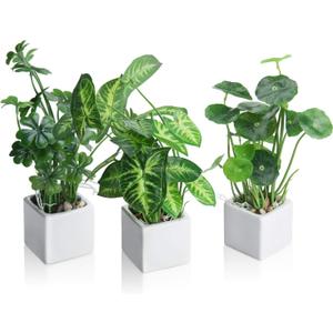 MyGift Set of 3 Artificial Plants, Faux Potted Plants Indoor, Small Fake House Plant in White Square Ceramic Pots for Shelf Decor