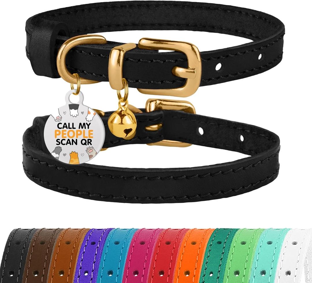 BRONZEDOG Leather Cat Collar with Removable Bells Non Breakaway Kitten QR Tag for Girl Boy (7" - 9" for Cats, Black & Gold) (7 - 9 inch, Black & Gold)