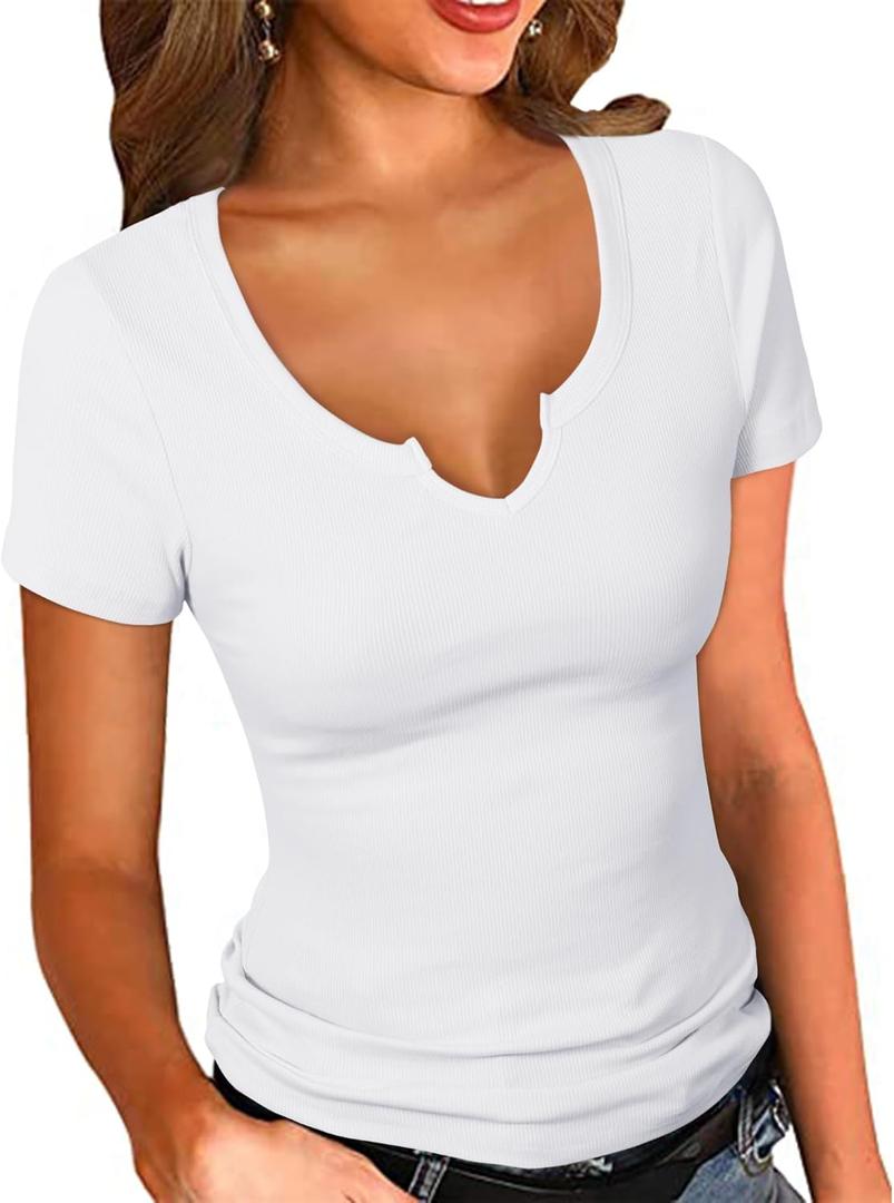PALINDA Women's Notch V Scoop Neck Ribbed Fitted Shirt Basic Short Sleeves Tee Shirt Top (White) size 8