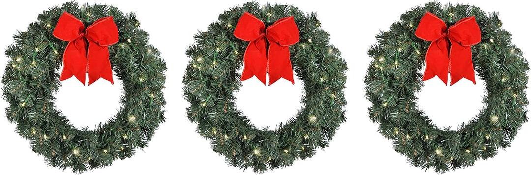Set of 3 Artificial Pre-Lit Balsam Pine Christmas Wreaths with Red Bows, 16 Inches, Battery Operated with Timers