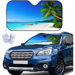 Tropical Beach Windshield Sun Shade Palm Tree Green Blue Sky and Blue Water Front Window UV Block Sun Shade Visor Protector Universal Fit for Sedan SUV Truck All Vehicles 55x30 inch