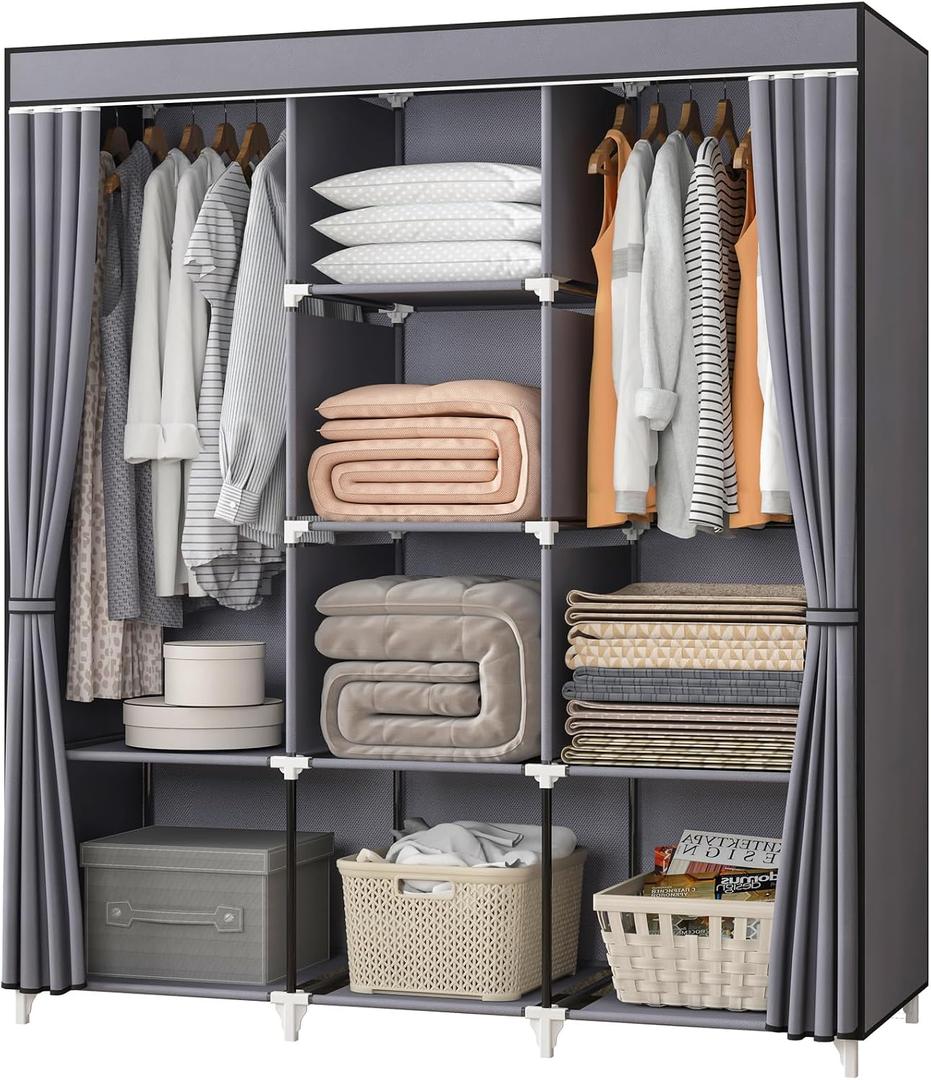 Portable Closet, 51 Inch Wardrobe Closet for Hanging Clothes with 2 Hanging Rods, 8 Storage Organizer Shelves for Bedroom, Durable and Easy to Assemble, Grey, 51 X 17.7 X 66 Inches