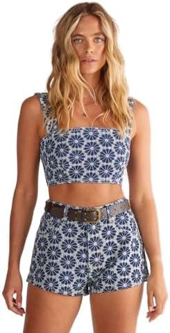 Nasty Gal Women's Denim Floral Embroidered Strappy Crop Top, Size US 6
