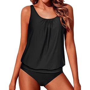 Yonique Blouson Tankini Swimsuits for Women Loose Fit Modest Two Piece Bathing Suits (XX-Large, Black)