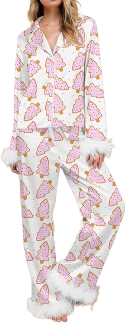 Women Christmas Pajama Sets Long Sleeve Button Down Fur Trim Shirt Matching Pants 2 Piece Lounge Set Sleepwear (Large, White)