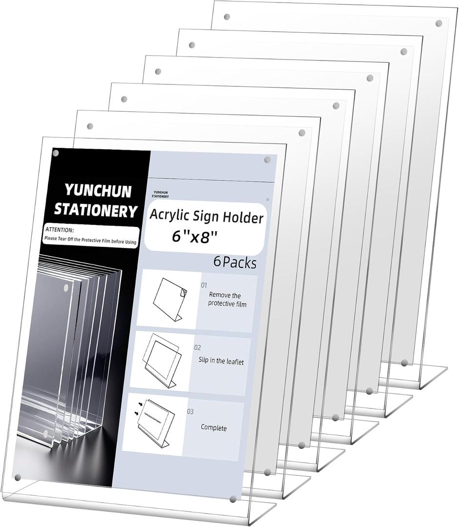 3 x YUNCHUN 6 Packs Acrylic Sign Holder 6 x 8 Standing, L-Shape Magnetic 6 x 8 Clear Menu Holder, Table Display Stand of Slant Back & Acrylic Frame for Store, Wedding, Restaurant, Hotel, Office Use