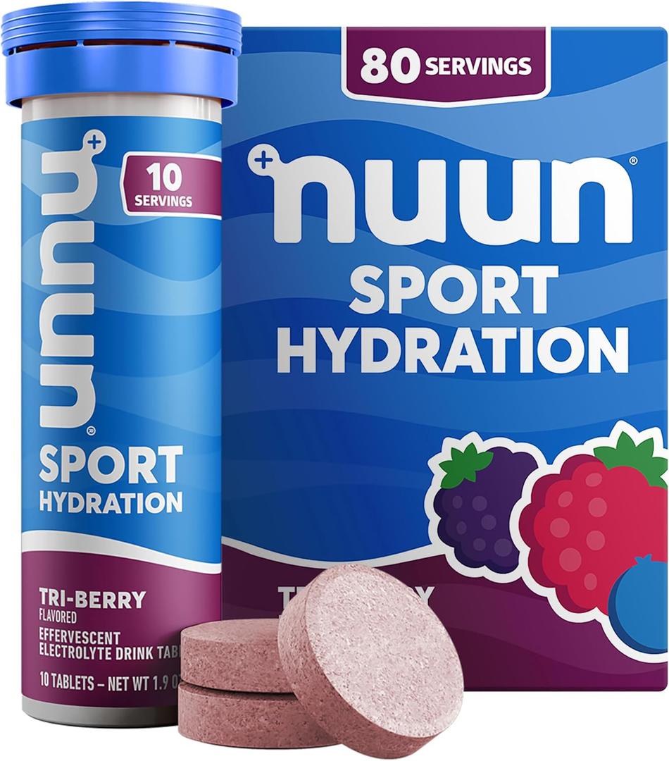 Nuun Sport Electrolyte Tablets with Magnesium, Calcium, Potassium, Chloride & Sodium, Gluten Free & Vegan, Tri-Berry, 8 Pack (80 Servings Total) (EXP 10/01/26)