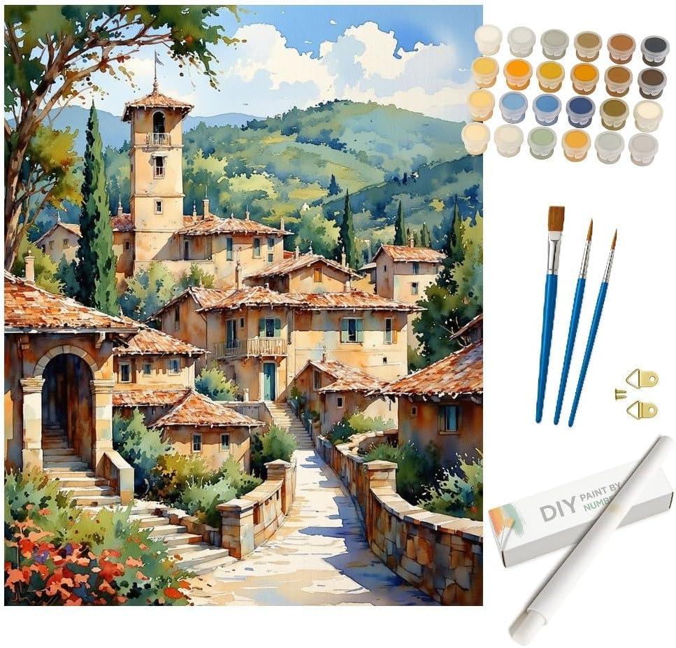 Italian Village Paint by Numbers Kit for Adults - DIY Scenic Village with Tower Painting on Rolled Canvas 16x20 Inches, Acrylic Paint Set for Beginners, Art for Home or Italian-Inspired Gifts
