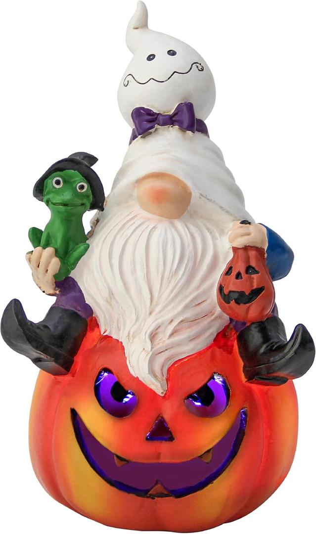 Halloween Pumpkin Gnome Statue with LED Light for Holiday Decorations Indoor Ghost Gnome Pumpkin Holding Ghostly Frog Halloween Props Collectible Figurine Fall Harvest Funny Gifts for Party (Orange)