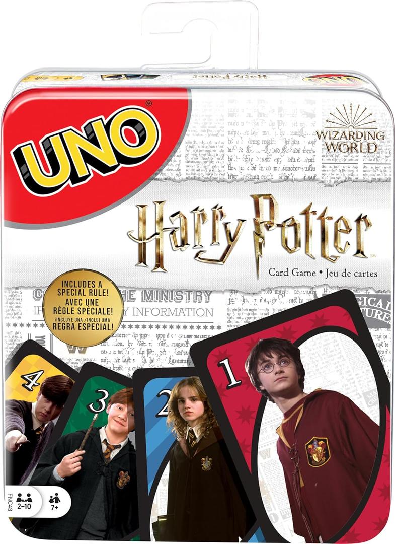 Mattel Games UNO Harry Potter Card Game in Storage Tin for Kids, Adults & Parties, Collectible Deck Based on Popular Series for 2 to 10 Players