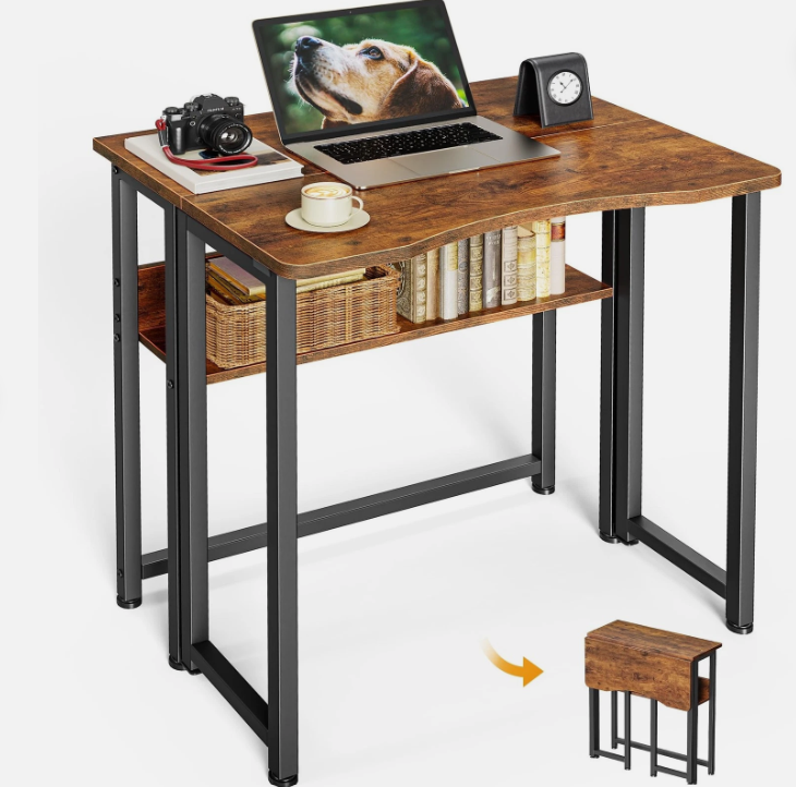 Huuger Folding Desk with Storage Shelf, 23.6 Inch Foldable Computer Table for Small Spaces, Space Saving Sofa Table for Couch, Writing Work Office Computer Desk, Easy to Fold, Rustic Brown 