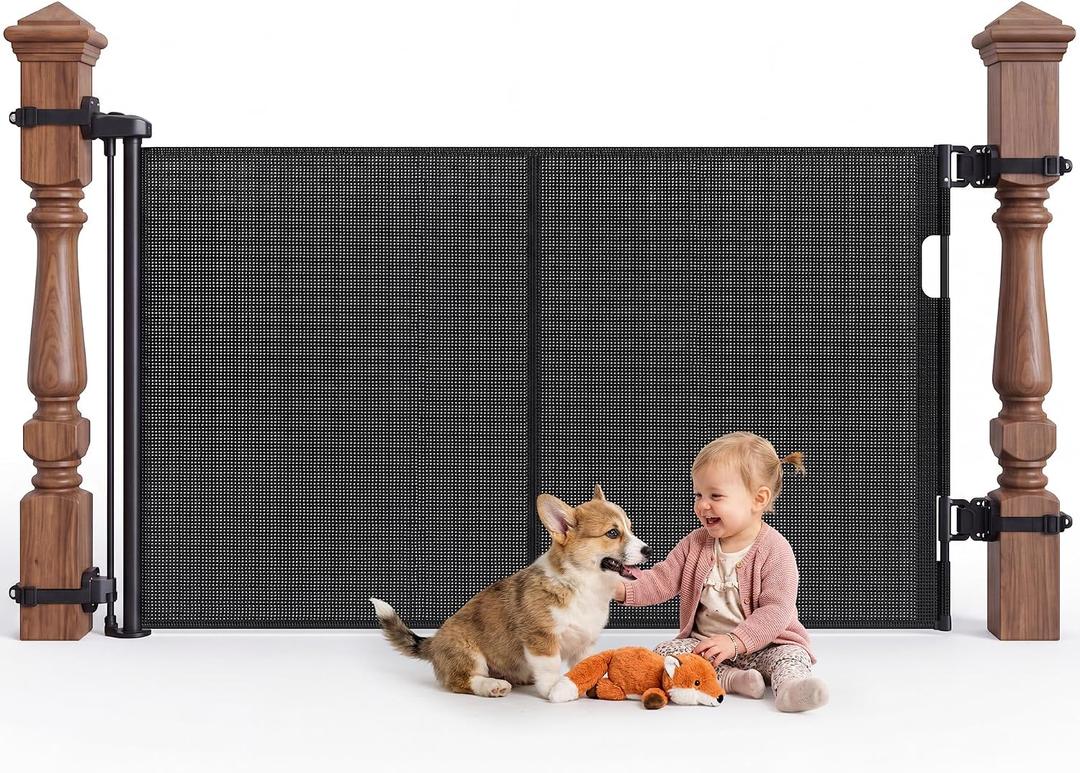 Reinforced Retractable Baby Gate for Stairs & Banister, 55" Wide Mesh Dog Gate, One-Handed Dual Lock Safety Gate for Kids & Pets, Fits Round & Square Posts (Black)