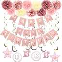 Rose Gold 13th Birthday Party Decors , Rose gold Glittery Happy 13th Birthday Banner,Poms,Sparkling Hanging Swirls Kit for 13th Birthday Party Supplies