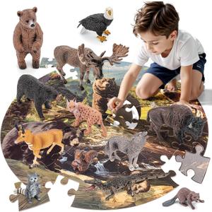 THINKBAY 12PCS Large North American Animal Figurines & 67PCS Large Woodland Jigsaw Puzzles Toys for Preschool Kids Toddlers, Ideal Realistic Safari Animals Toys Gift for Toddlers Kids