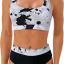 High Waisted Two Piece Swimsuits for Women Tummy Control Tankini Bathing Suits Sporty Printed Swimwear, Small, Black+white