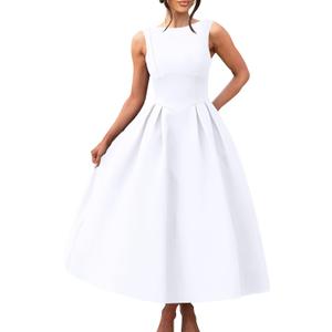 YMDUCH Women's Elegant Sleeveless Crew Neck Backless Swing A Line Evening Party Long Dress (White)